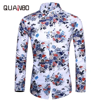 

QUANBO Brand Shirts 2019 New Arrival Autumn Men's Long Sleeves Shirt Fashion Hollow Print Men Dress Shirts Plus Size 5XL 6XL