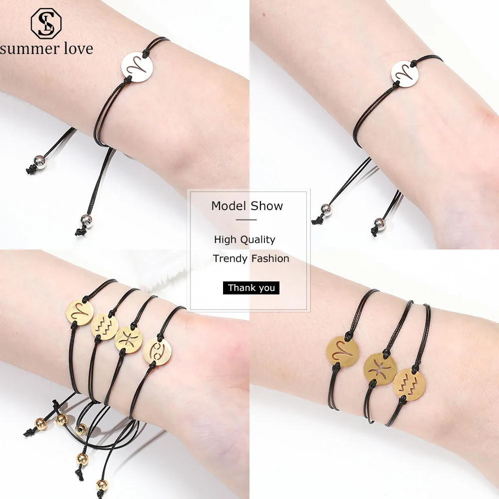 

2019 Fashion Stainless Steel Zodiac Bracelet Black Rope Braided Bracelet for Women Men Trendy Couple Gifts Gold Silver Jewelry