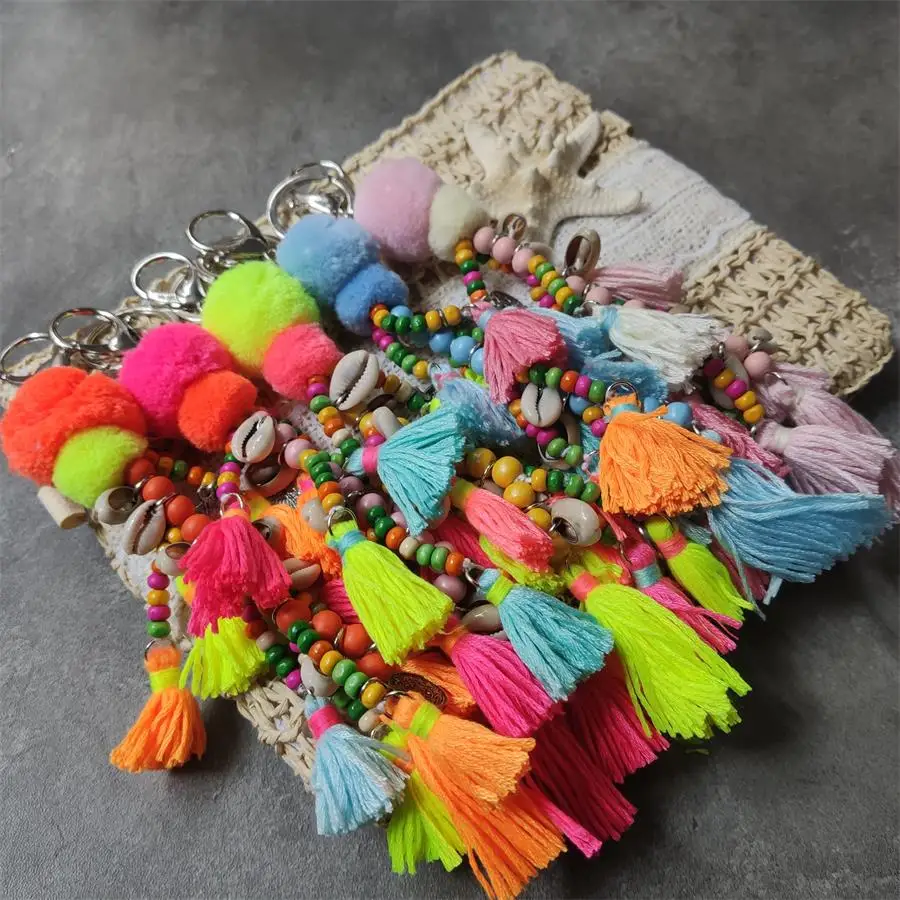 

Summer Natural Shell With Wood Bead Pompom Keyring Vintage Silver Boho Jewelry Keychain For Women Bag Purse Handbag