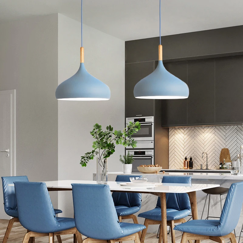 Online Lustre multicolor luces colgantes restaurante iluminación colgante de madera accesorios de iluminación de cocina moderna lámpara colgante E27 LED