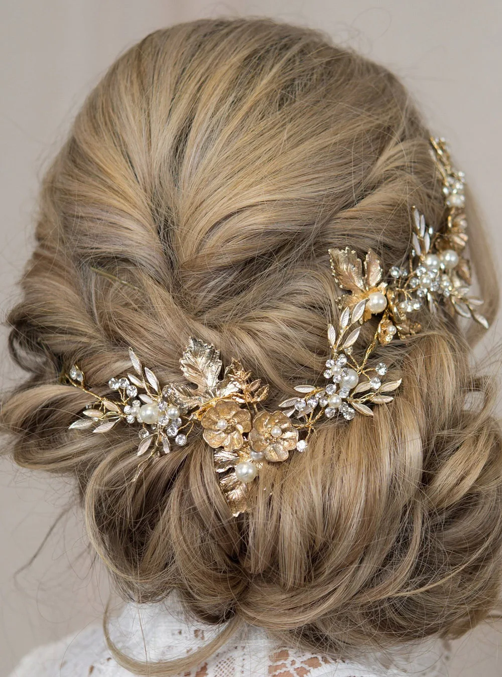 Trendy Gold Bridal Hair Accessories Gold Leaves Vine Wedding Head Jewelry Big Flower Tiara Pearl Headdresses For Girlfriend