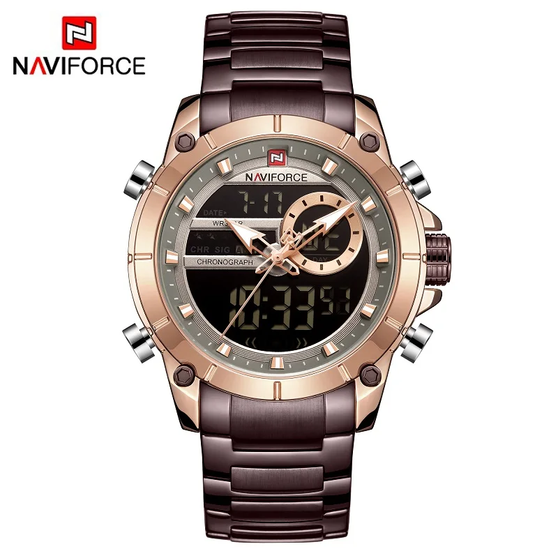 Coffee NAVIFORCE, мужские военные модные часы, синяя сталь, водонепроницаемые, двойной дисплей и кварцевые наручные часы, мужские часы, Relogio Masculino - Цвет: Coffee