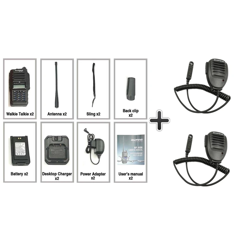 2 шт. Baofeng BF-A58 иди и болтай Walkie Talkie “иди и 10 км IP67 Водонепроницаемый радиостанцией Профессиональный Tranceiver радиолюбитель A58 PTT двухстороннее радио - Color: Add 2 mic speaker