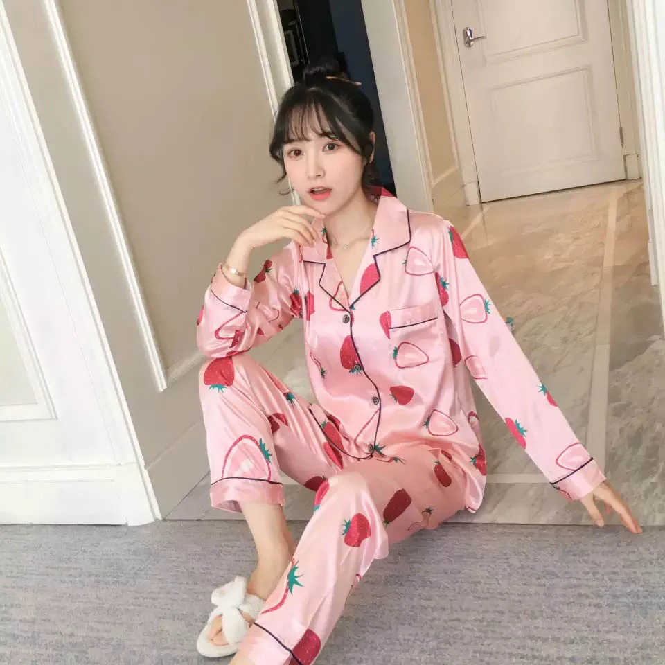 Женский пижамный комплект из 2 предметов, милое ночное белье с принтом из мультфильмов, женский шелковый атлас, мягкий комфортный комплект домашней одежды с длинными рукавами и цветочным принтом - Цвет: 891 Pink Strawberry