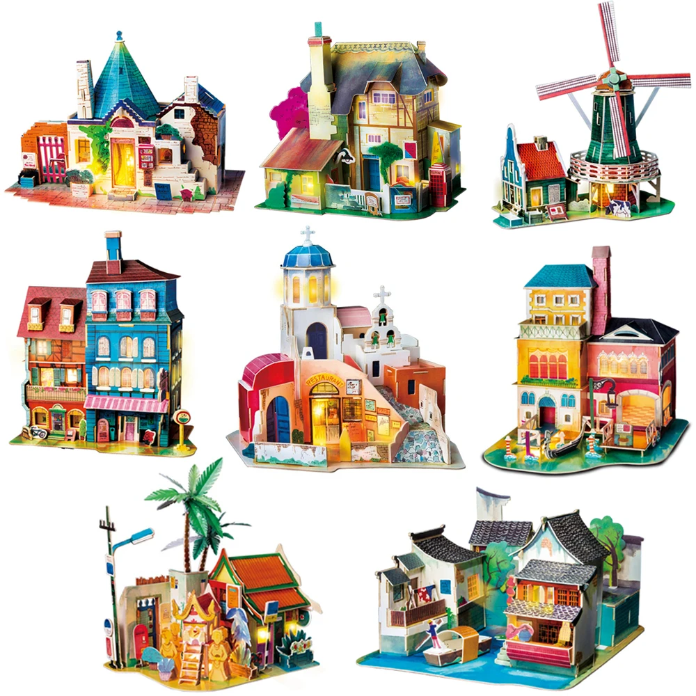 

Robotime DIY Wooden City Puzzle Home Accessories Table Decoration Figurine Miniature Dollhouse Kits Gift for Living Girl Room SJ