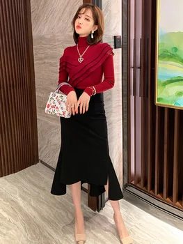 

Design high neck strapless sweater + ruffled fishtail skirt suit women's 2020 autumn new