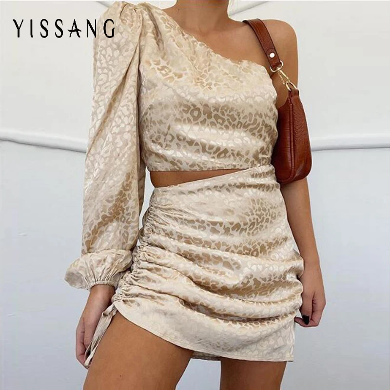 Yissang леопардовое ажурное сексуальное платье с завязками на одно плечо вечерние