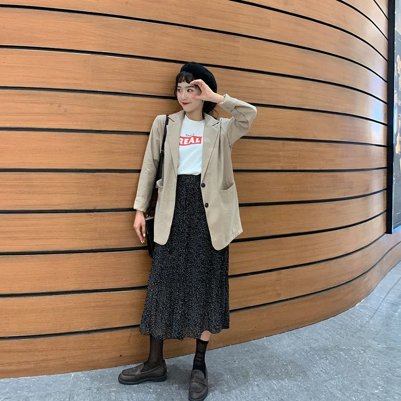 

Photo Shoot 2019 WOMEN'S Dress Autumn CHIC Two-Button Suit Jacket Korean-style Loose-Fit Online Celebrity Apricot Black And Whit