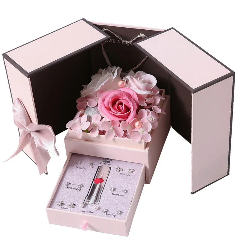 Мыло роза коробка с лампой Помада Серьги вечный цветок ожерелье Подарочная коробка Гвоздика для женщин романтический подарок на день Святого Валентина - Цвет: B