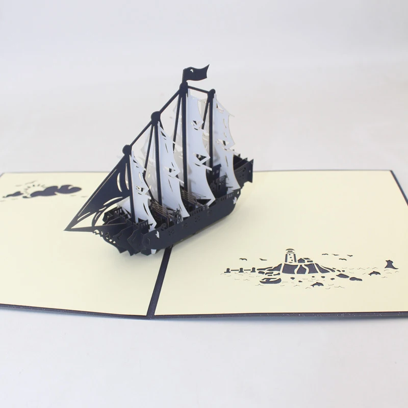 3D Ручной работы синий чехол двойной цвет белый синий Лодка парусный корабль бумага поздравительные открытки открытка День Рождения БИЗНЕС креативный подарок