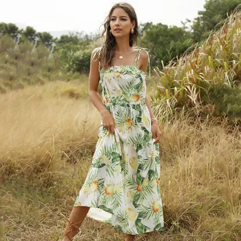 

Saida De Praia Summer Beach Sexy Cover Up Swimsuit Coverup Dress Tunic Suspender Strap Fruit Print 2020 Women Acetate