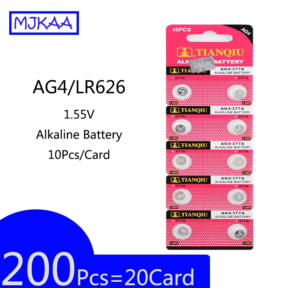 

200Pcs=20Card AG4 1.55V Alkaline Button Cell Battery SR626SW SR626 376 377 GP377 V377 565 L626 G4 GA4 EE6205 For Watch