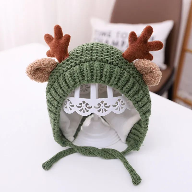 Cute Deer Elk Antlers Baby Hat Winter Warm Plush Knitted Ear Warmer Children Hat Bonnet Boys Girls Cap Beanie Christmas Hats