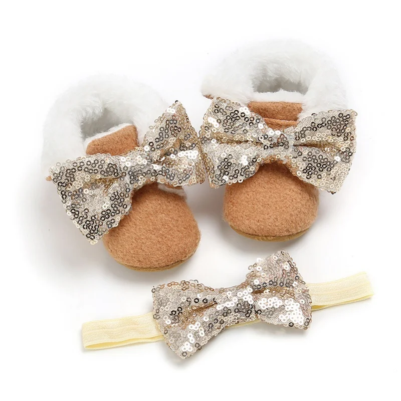  2pcs/set Baby Girls Pricness Shoes Winter Newborn Infant Sequin Bow First Walkers Shoes + Headband 