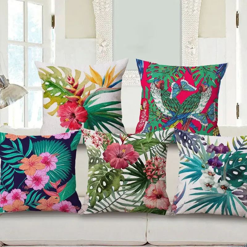 Decorative Throw Pillow Case Fashion Cotton Linen Tropical Plant Flowers Grass Cushion Cover Sofa Home Decor