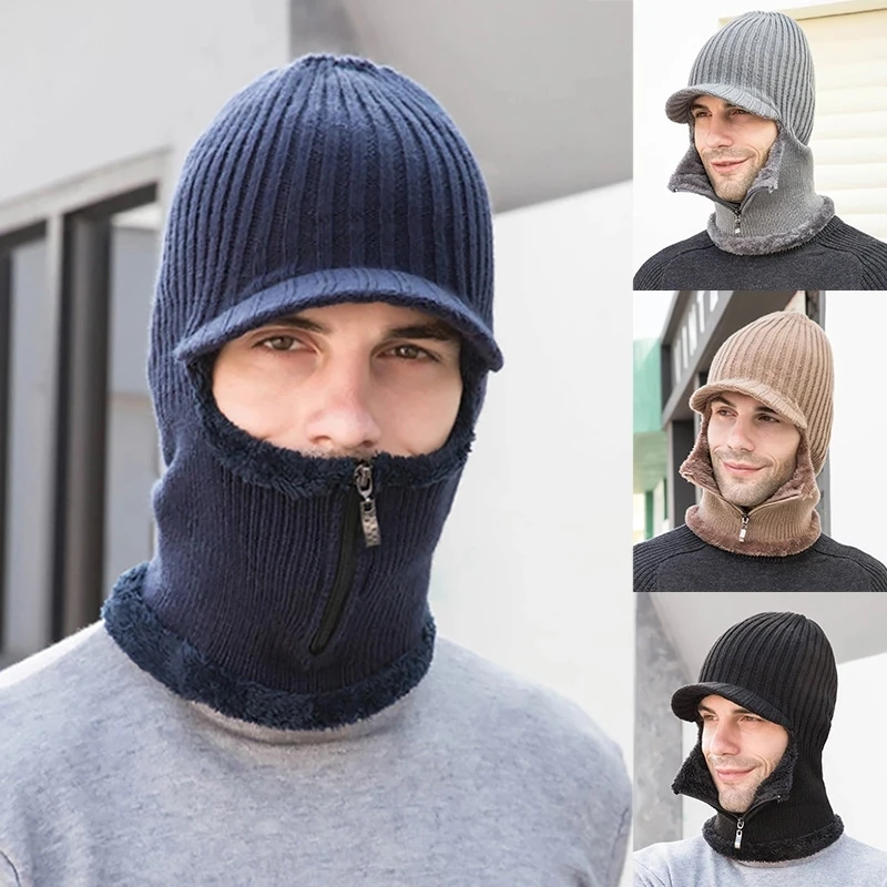 Men's winter knitted hats with zipper, new addition of fur lining to keep warm hats, men's winter hats, warm and windproof hats bomber trapper hat