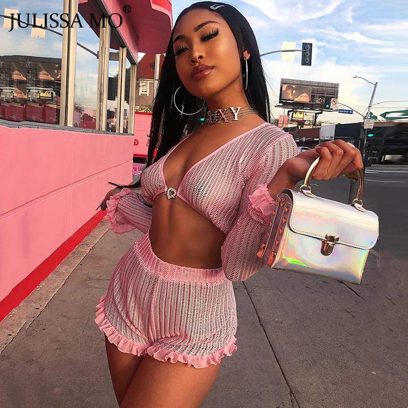 JULISSA MO Elegant Pink Sexy V Neck Playsuits Women Ruffles Long Sleeve Rompers Summer Beach Two Piece Set Short Jumpsuits