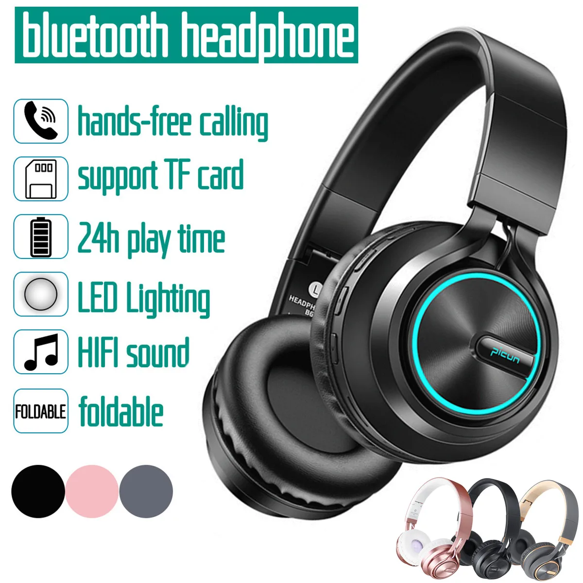 Беспроводные наушники bluetooth 4,1 стерео Складная гарнитура светодиодный свет MP3 TF FM наушники с микрофоном для мобильного телефона
