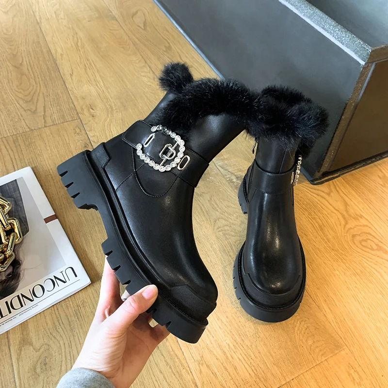 

Russian winter Women ankle boots Split leather + rabbit fur thick plush lining winter booties Round head beaded with wild buckle