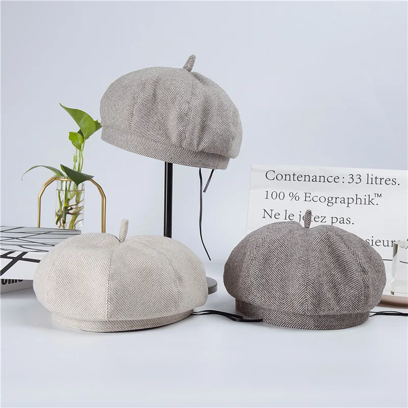 

New Wool Beret Ladies Autumn and Winter Korean Fashion Wool Hat Retro British Octagonal Cap Men and Women French Winter Hats