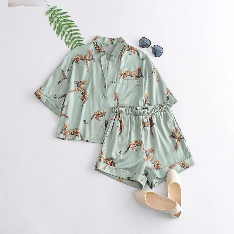 

Animal Leopard Pajama Set Print Satin Short Shirt Suits Elastic Waist Wide Leg Shorts Women Loose Short Sleeve Blouse Tops 2 PCS