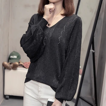 

Nkandby Plus Size Hollow Out Pullover Women 2020 Spring Fashion Korean V Neck Sweaters Oversize Loose Lantern Sleeve Knit Tops