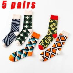 5Pairs/Lot Men's Socks Sexy Cross Border Fashion Men's Socks Personality Colorful Geometry Men's Socks Middle Tube Men's SOCKS