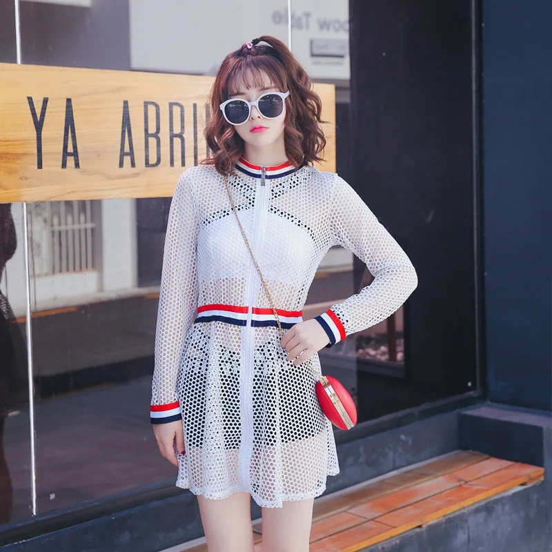

2019 New Style Bathing Suit Women's Split Type Fashion Lace Gauze Sports Casual Cardigan Boxer Three-piece Set