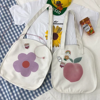 

Japanese Student Harajuku Ins Wind Flower Shoulder Canvas Bag Large Capacity Female 2020 New Fashion Art Peach Messenger Bag