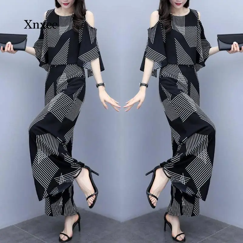 set Top and Wide Leg Full Pants Floral Print Elegant Vintage Summer Women Sets Three Quarter Sleeve Elastic Slash Neck Women