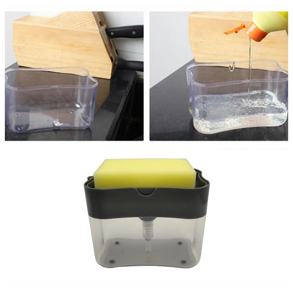 Dishwashing Soap Pump Dispenser And Sponge Holder, Precise Dispensing Handy Soap Box 13 Oz (Sponge Included)