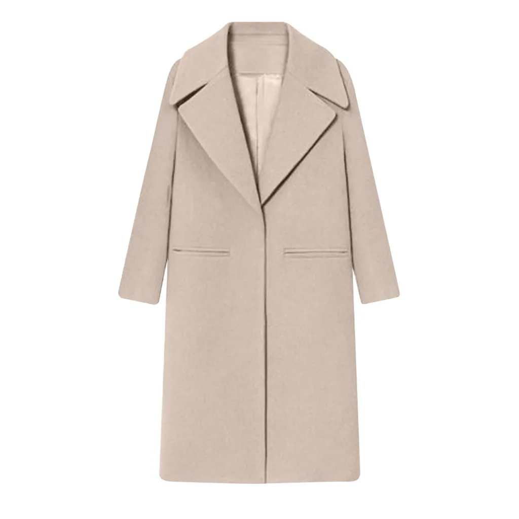 Бежевый Модный Тренч для женщин, длинное зимнее пальто для женщин, одежда больших размеров, шерстяное пальто с лацканами, feminino abrigos mujer invierno - Цвет: Бежевый