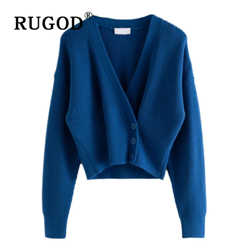 RUGOD vintage blue sweater cardigans v neck single breasted highwaist knit coat new autumn fashion female elegant solid sweater
