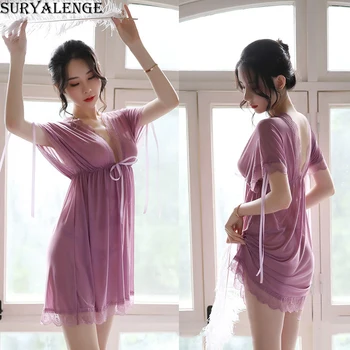 

SURYALENGE Female Appeal Pajamas Lace Embroidery Deep V Backless Nightwear Splits Seduction Strap Large Size Nightdress