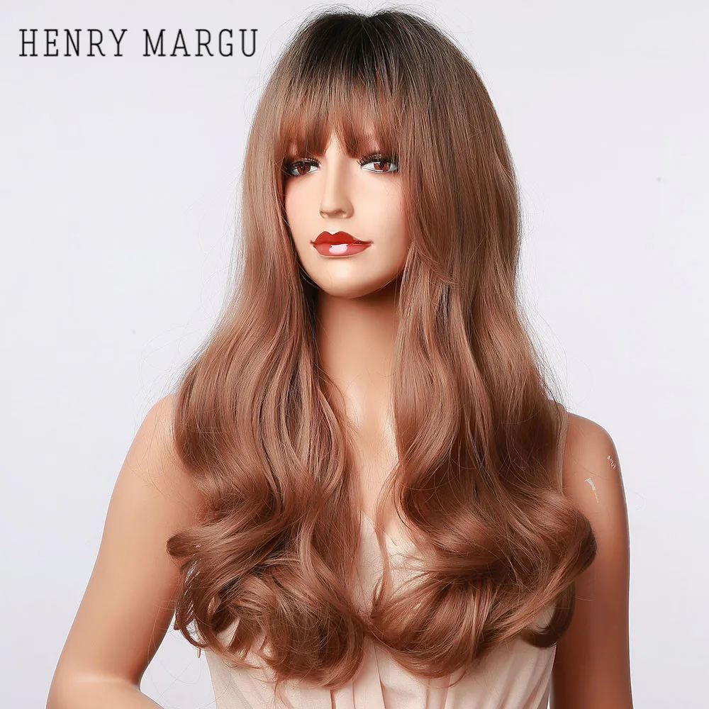 

HENRY MARGU Long Wavy Synthetic Women Hair Wigs With Bangs Brown Ombre Natural Wigs For Party Cosplay Hair Heat Resistant Fiber
