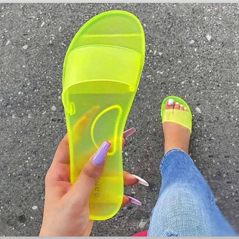 Zapatillas de gelatina para mujer, sandalias de verano transparentes de colores caramelo, zapatos planos de moda para playa, interiores y exteriores, 2021