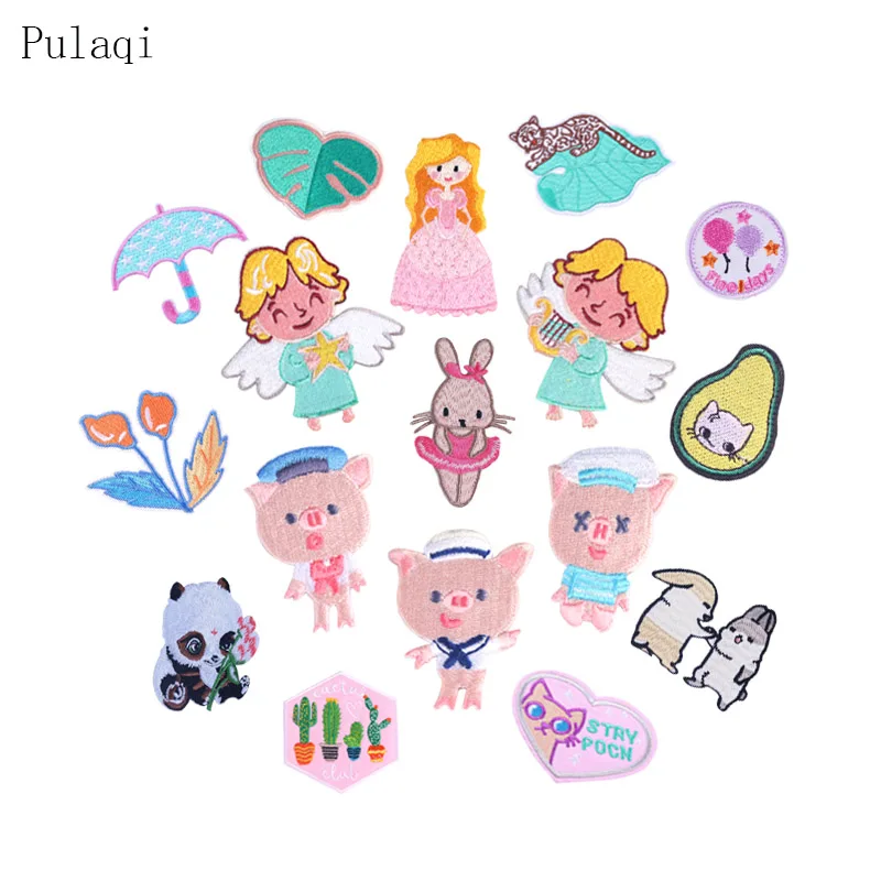 

Pulaqi Cartoon Cute Angel Wings Patches Iron On Embroidery Patch For Clothing Pig Rabbit Stripe Sticker On Girl Clothes Badge