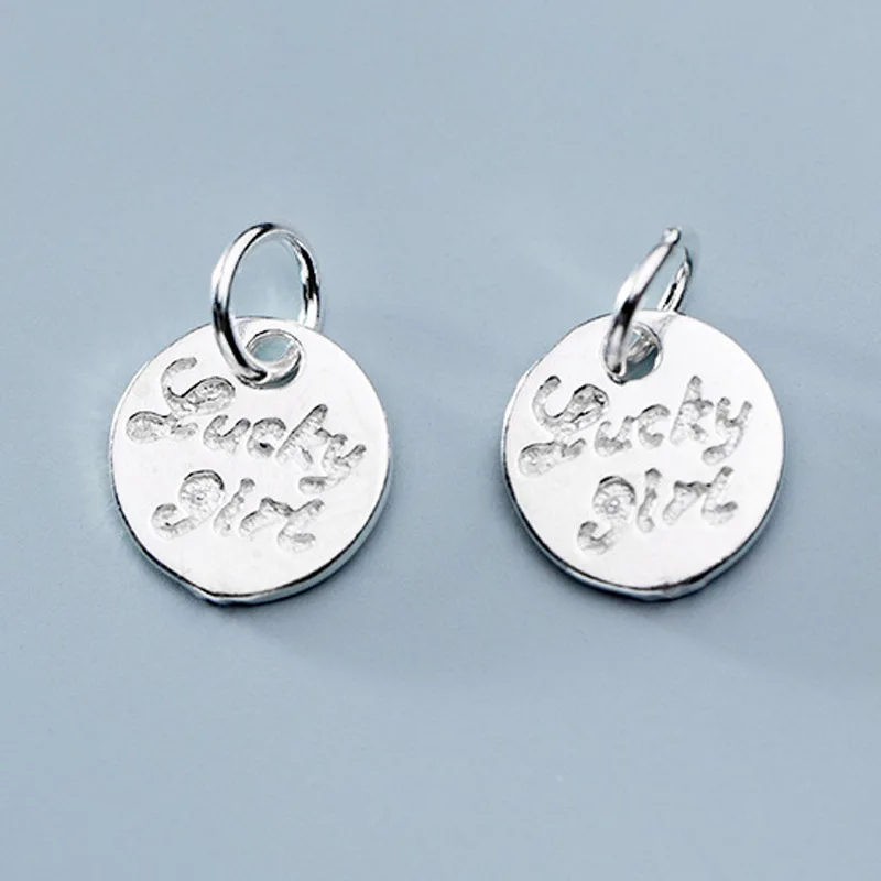 925 Sterling Silver Women Letter Engraved Round Charms 10mm Lucky girl Tag Pendants DIY Jewelry Accessories Female Gift | Украшения и