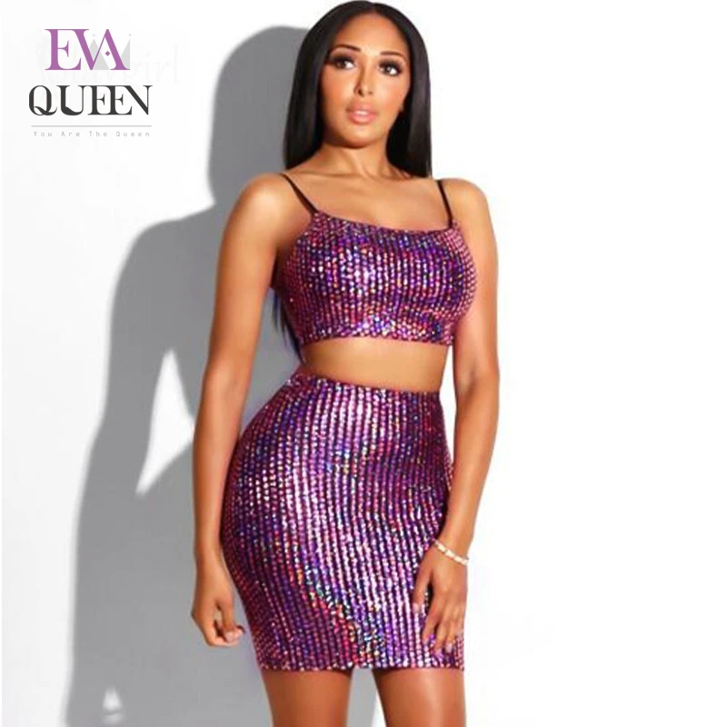 EvaQueen/сексуальный комплект из 2 предметов с блестками женский укороченный топ на