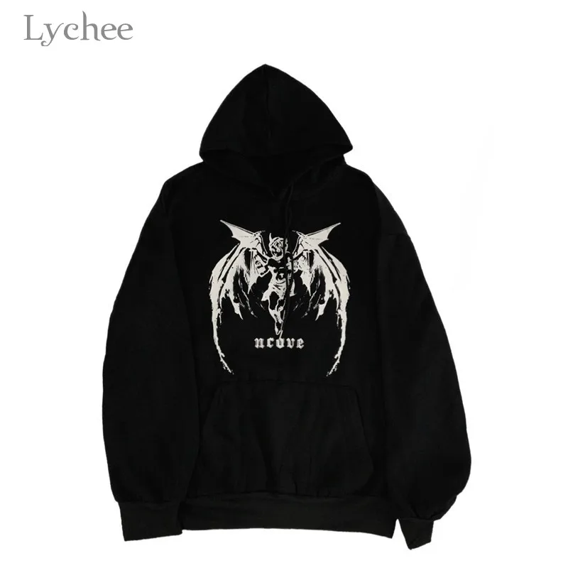 Lychee Harajuku дьявол письмо женские флисовые толстовки с капюшоном Весна Осень Зима Леди Топы повседневные свободные карман женские толстовки