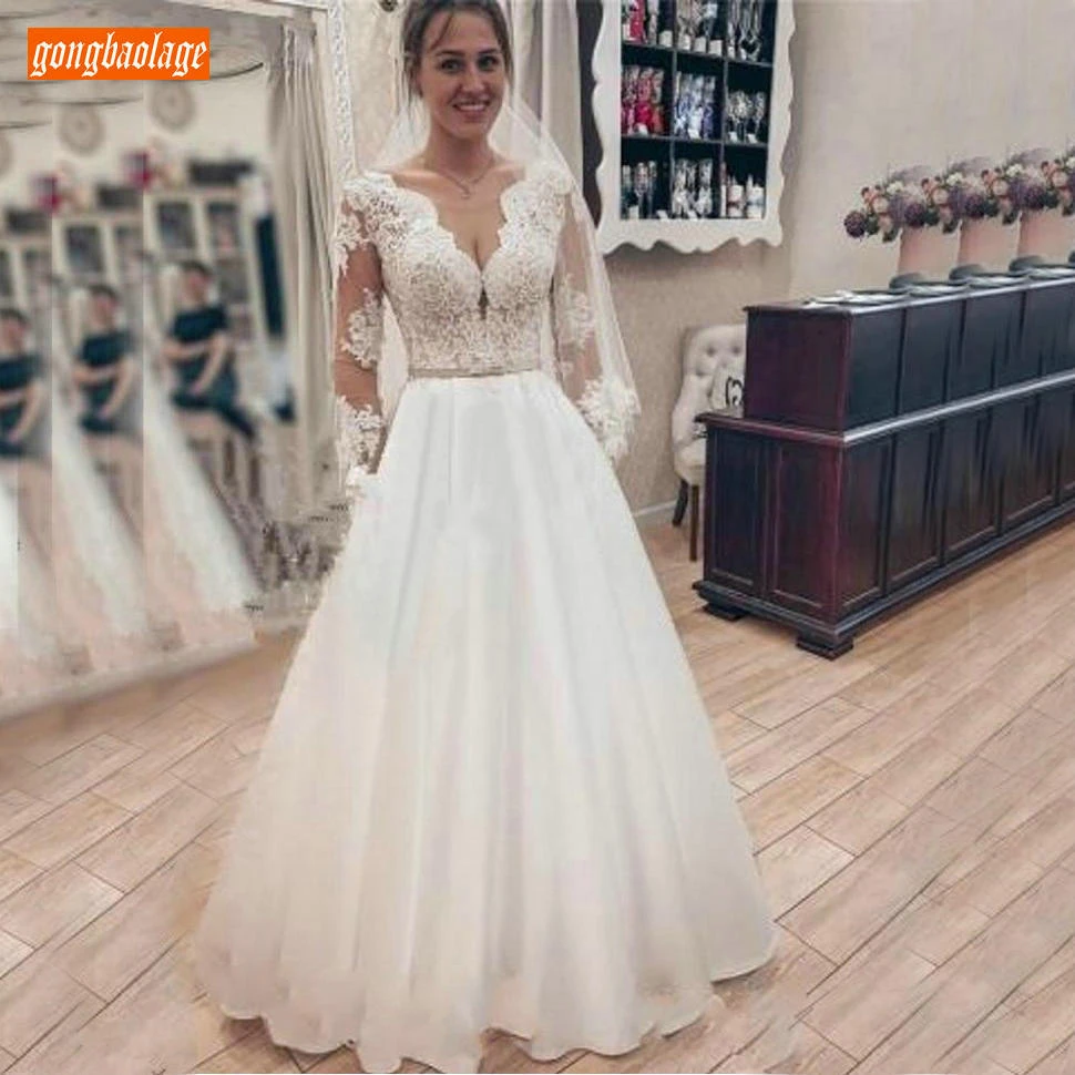 Роскошные свадебные платья Boho с v-образным вырезом и длинным рукавом с аппликацией из кружева атласный A Line свадебное платье Индивидуальные Современные садовые свадебные платья