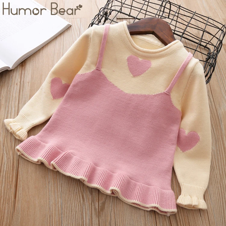 pink Humor Bear Kids Autumn Winter Sweater Baby Girl Clothes Bell Sleeve Love Fake Two-Piece Tops Korean Cute Baby Girls Clothing - Color: pink