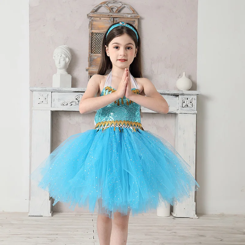 Aladdin Jasmine Girls Tutu Dress Headband Outfit Kids Birthday Party Pageant Sparkly Tulle Fancy Dress Sequins Children Clothes (6)