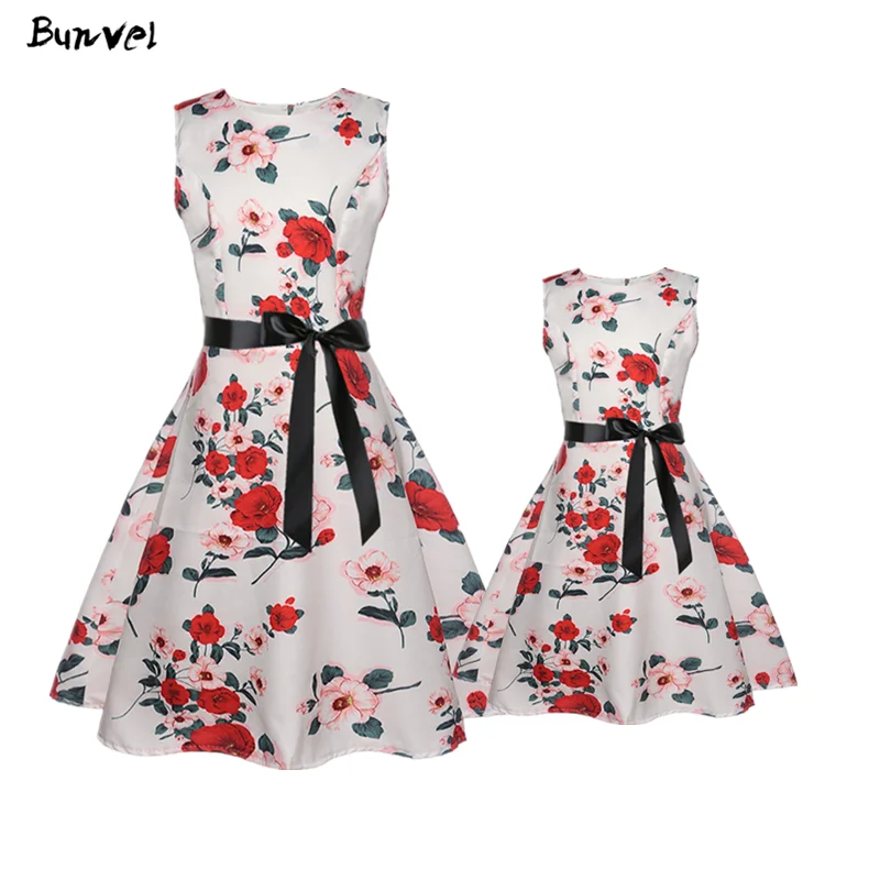 

bunvel Mommy and Me Clothes Dress Floral Printed Sleeveless Elegant Sundress Vintage Casual Summer Dresses with Belt Vestidos f