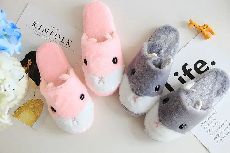 Hamsters Plush Slippers Cuddly Cartoon Animals Mouse Pink Brown Grey Indoor Floor Bath Shoes Women Men Couple Lovers Gift