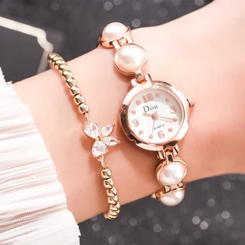 

Fashion Women Casual Watch Elegant Round Dial Alloy Pearl Band Watch for Girls Party A66
