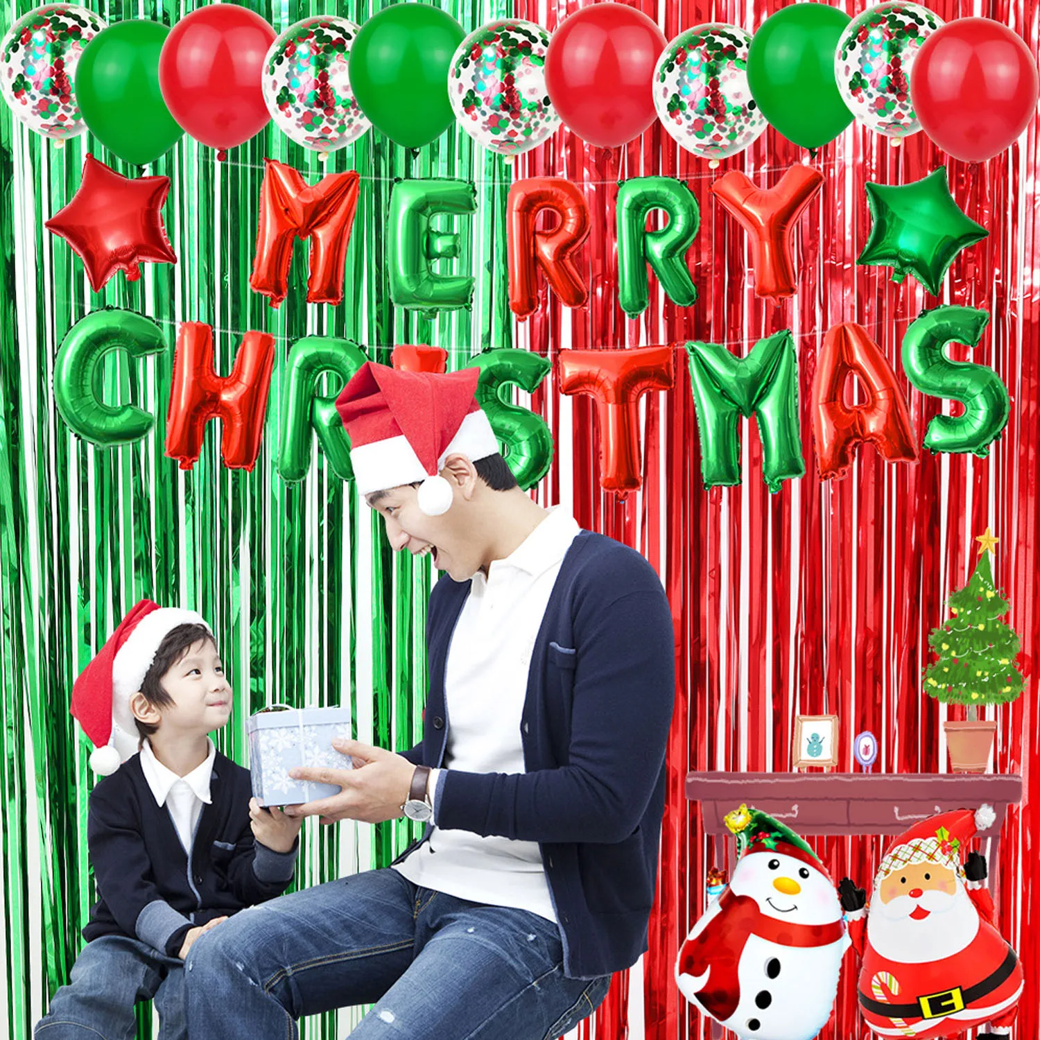 Behogar 60pcs Christmas Decoration Kit Merry Christmas Banner Tinsel Curtain Foil Balloon Latex Balloons for Xmas Party Supplies