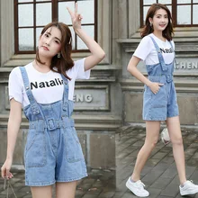 Джинсовые подтяжки шорты женские летние свободные тонкие широкие ноги большой размер комбинезон Корейская версия синих студентов