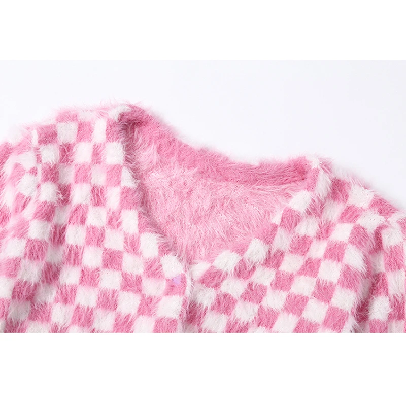 Pink and White Check Cardigan Sweater Women Fuzzy Mohair