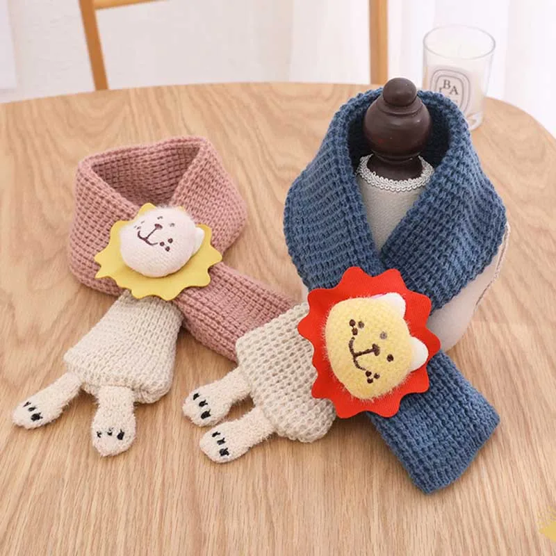 Kids Cartoon Knit Scarves Collar Thickening Scarf Baby Boys Girls Winter Knitted Clothes Cartoon Lions Shawls Scarves 66cm